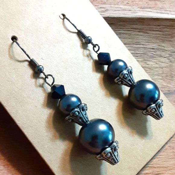Smokey Charcoal drop fishhook earrings 2 in. Long with beautiful glass beads. - Picture 1 of 3
